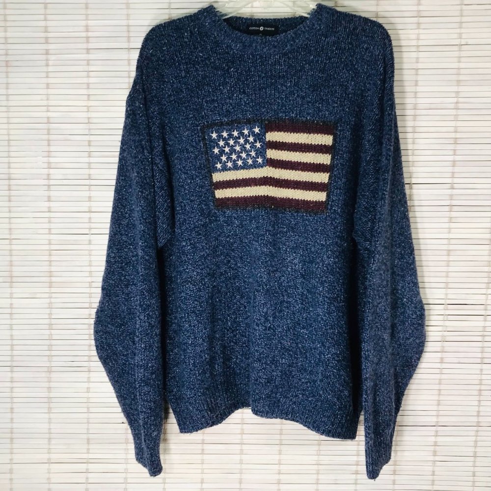 Cotton Traders XL Flag Sweater USA Patriotic Blue Pullover Unisex Military